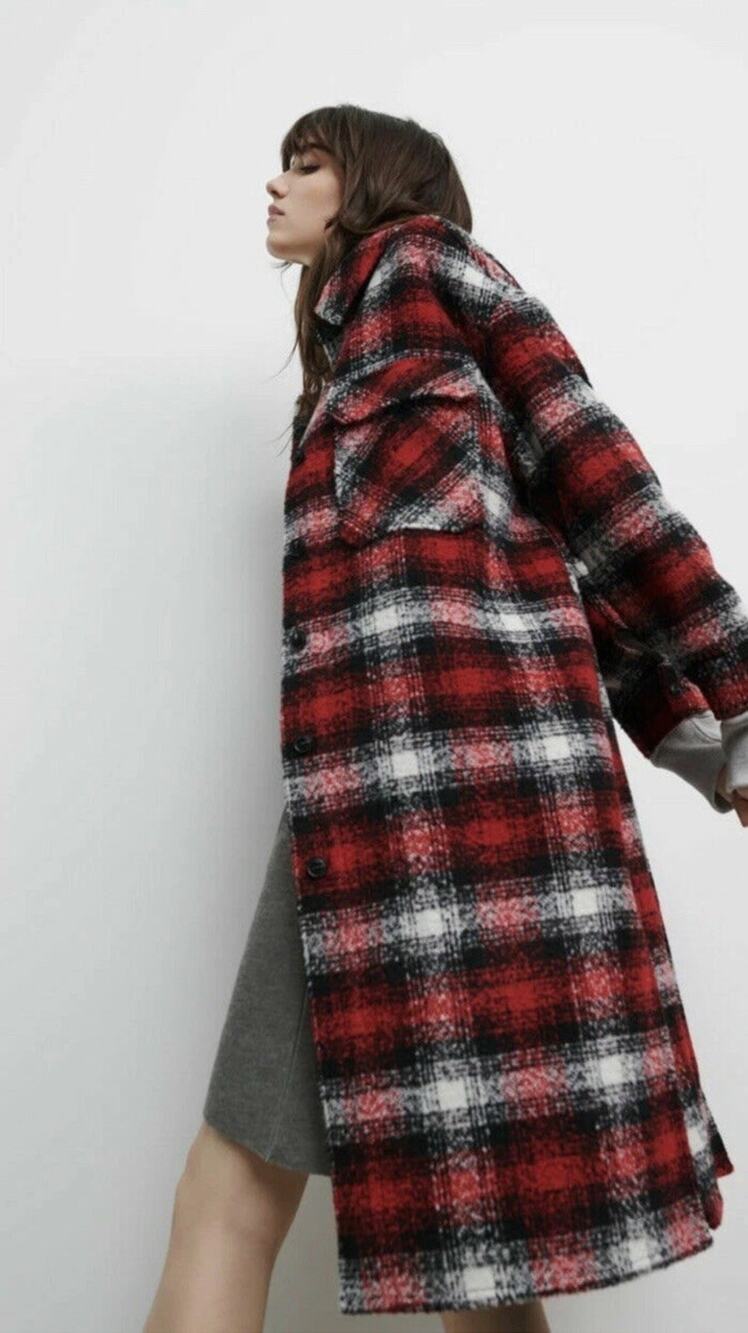 ZARA NEW WOMAN WOOL BLEND CHECK PLAID LONG OVERSHIRT JACKET COAT RED 7522/056 L